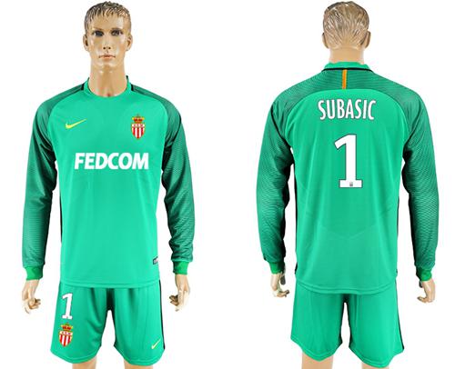 Monaco #1 Subasic Green Goalkeeper Long Sleeves Soccer Club Jersey